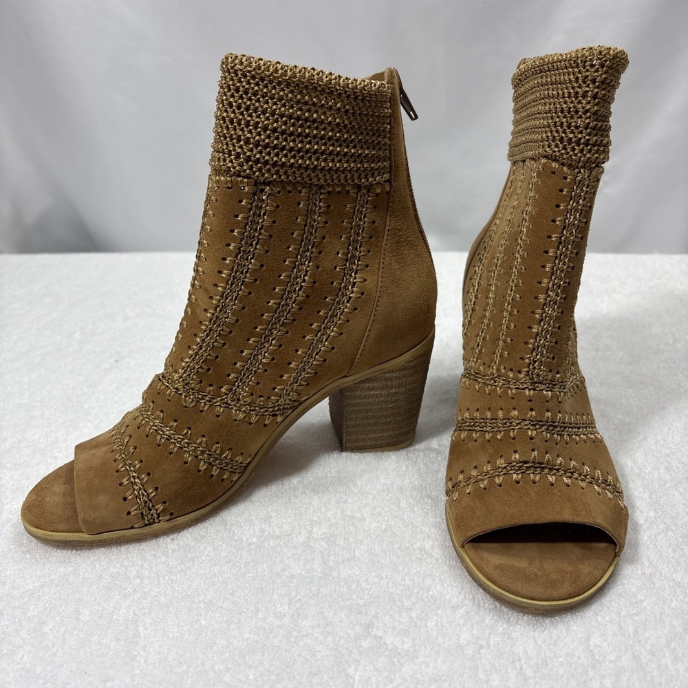 Silent D Anthropologie Suede Crochet‎ Peep Toe Boots Western Tan Womens 6 36
